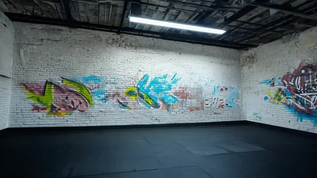 camera rotates in a spacious gallery with whitewashed brick walls and artistic graffiti. ambient light highlights vibrant street art. gallery art exhibition concept