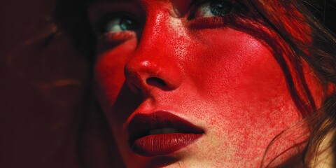Artistic Red Makeup Portrait With Intense Gaze is a premium-quality stock image ideal for use in lifestyle blogs, health content, promotional campaigns, and editorial publications.