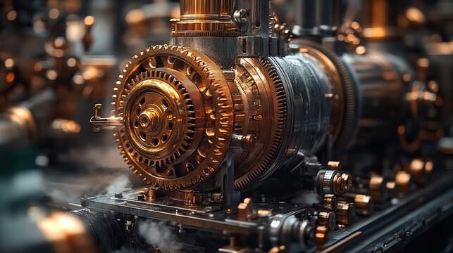 Mechanical gears whir and click rhythmically, intricate clockwork mechanisms interlock, steam escapes from polished brass pipes, a testament to forgotten ingenuity and precision