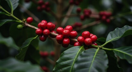 Fototapeta premium Red Coffee Berries Ripening on Branch with Lush Green Leaves