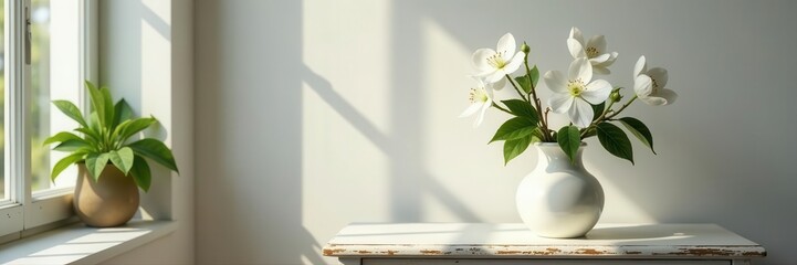 White blossoms in simple vase on painted chest, sunny room , twig, flower