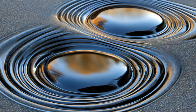Abstract image of two overlapping ripples in dark water, reflecting a blurry sunset.  Serene and captivating, perfect for meditation or mindfulness themes.