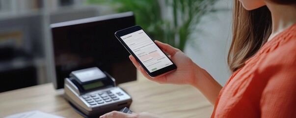 Woman using smartphone for payment near pos terminal on counter in a store or office setting