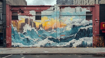 Urban Mural of City and Waves
