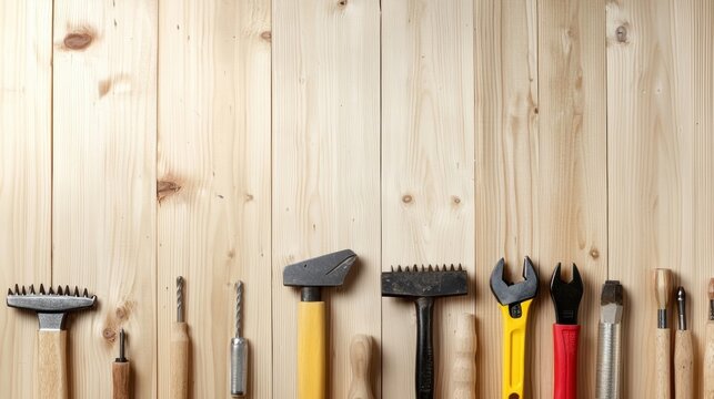 A collection of tools for woodworking, including a hammer, chisel, screwdriver, pliers, and wrench.