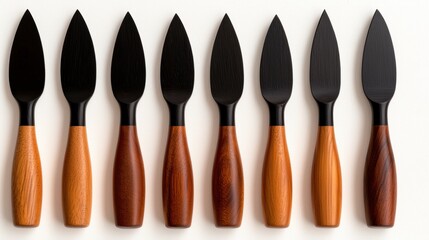 A collection of nine knives, each with a unique handle design, arranged in a row.
