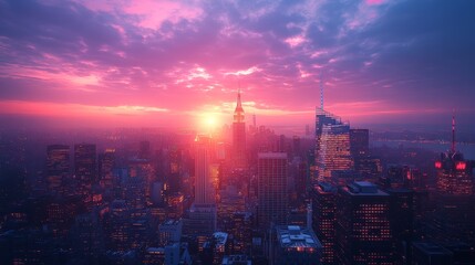 Fototapeta premium Stunning Sunset Over a Bright City Skyline with Dramatic Colors