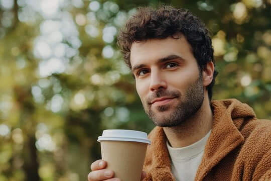 Man holding coffee cup with text space outdoors