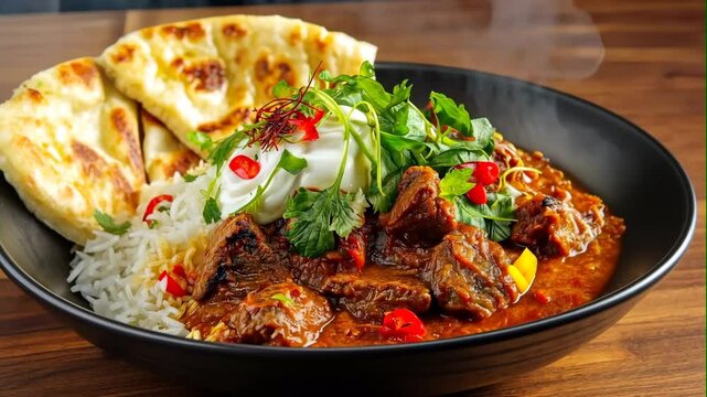 india lamb curry with rice with spicy in dish	
