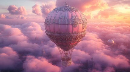 Ornate, silver filigree forms the delicate framework of a fantastical hot air balloon ascending into a lavender sky