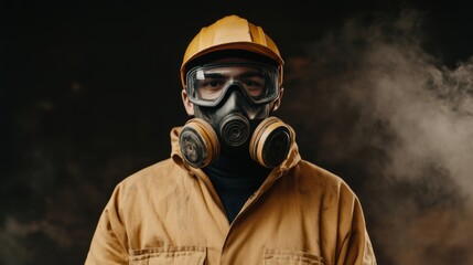 Worker in Protective Gear with Respirator and Safety Helmet