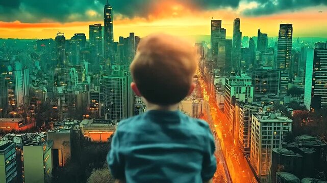 Child contemplating city skyline at sunset.