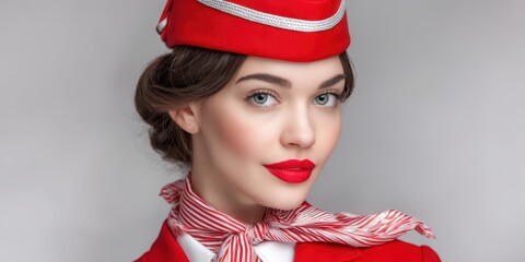 Air Hostess Portrait With Retro Red Hat is a premium-quality stock image ideal for use in lifestyle blogs, health content, promotional campaigns, and editorial publications.