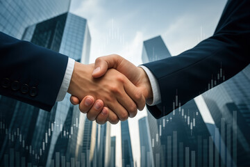 Two businessmen shaking hands in a modern cityscape, with transparent stock market candlestick charts and bar graphs symbolizing growth and success.