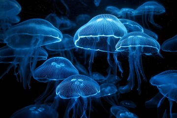 Obraz premium Glowing jellyfish float in deep sea, dazzling with stunning light patterns.