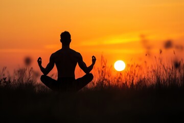 Silhouette of Man Doing Yoga at Sunset Outdoors
