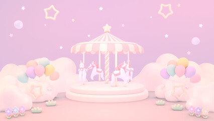 3D render pastel cartoon carousel balloons party.