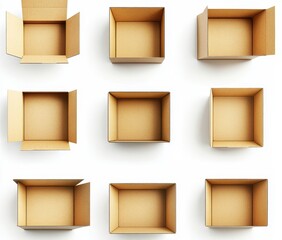 Nine empty cardboard boxes, various views
