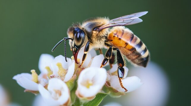 A honeybee hovers over white flowers, gathering nectar and contributing to pollination during a sunny day. This close-up captures the details of the bees anatomy and the flowers structure - Powered by Adobe