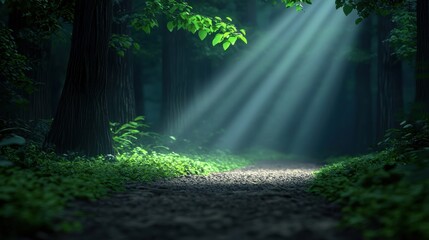 Fototapeta premium Soft cloud shadow covering a forest path, giving the scene a calm and shaded tone.