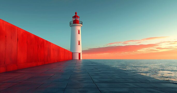 A serene seascape at sunset, featuring a white lighthouse on a red brick pier, with the sky and ocean reflecting warm hues of pink and blue.