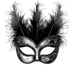 Elegant silver masquerade mask with black feathers on a transparent background for carnival, party, or theatrical performance Concept of mystery, celebration, and disguise