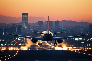 Fototapeta na wymiar Commercial airplane landing at sunset with city skyline in background