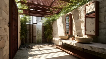 Serene open-air bathroom with sleek fixtures, textured stones, lush bamboo screens, sunlit ambiance.