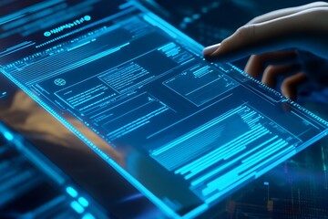 A person navigates a transparent holographic screen showing detailed system schematics and code lines ideal for IT or cybersecurity concepts.
