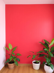 Simplistic yet elegant room displaying a soothing red wall, complimented by a touch of green from potted plants, providing a blend of warmth and nature. - obrazy, fototapety, plakaty