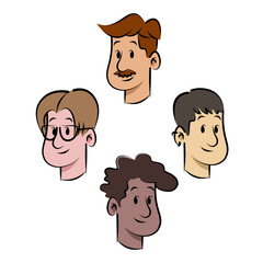 Vector cartoon portraits of four diverse men in flat color style. Clean and modern illustrations, ideal for avatars, profile pictures, web design, and printed materials
