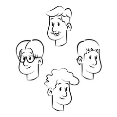Vector cartoon portraits of four diverse men in black outline style. Hand-drawn character illustrations, ideal for avatars, icons, profile images, and design elements