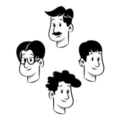 Vector cartoon portraits of four diverse men in monochrome style. Bold, high-contrast character illustrations perfect for avatars, icons, posters, and editorial design