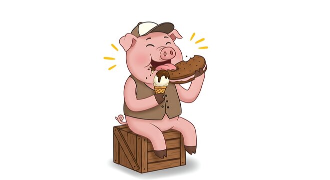 Cartoon pig indulging in a decadent dessert feast on a wooden crate seat