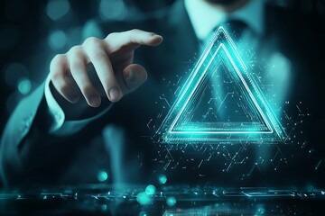 Businessman interacts with a glowing blue digital triangle interface for technology strategy or financial structure presentation with dark copy space.