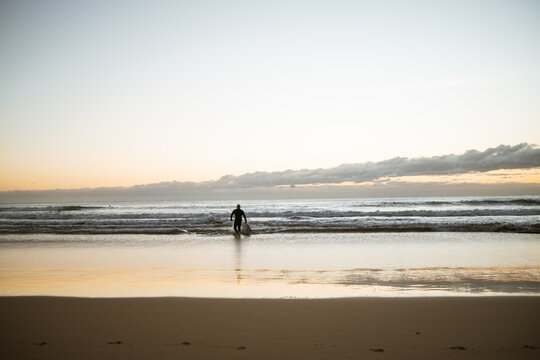 Surfer walks into ocean at sunrise on Manly Beach, Australia