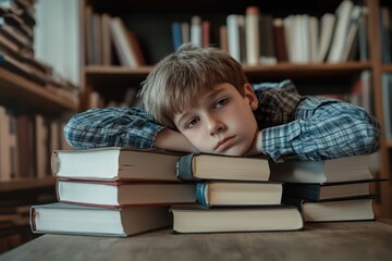 Boy lying on books frustrated and tired from studying