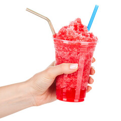 Handheld frozen red beverage with straws