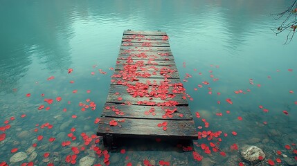 Rustic umber planks form a weathered dock extending into a placid turquoise lagoon Scarlet blossoms drift lazily on the water's surface, carried by a light breeze