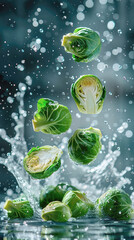 Fresh cabbage washed, water splashing on green background