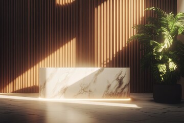 Sunlit marble reception desk in modern wood-paneled space