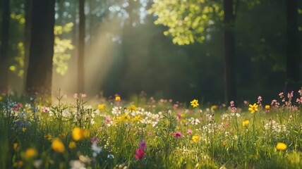 Obraz premium Wildflowers Growing in a Sunlit Forest Clearing with Dappled Sunlight Filtering Through Trees