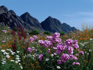 Obraz premium Vibrant Purple Wildflowers Blooming in Lush Green Meadow, Summer Landscape, Natural Beauty, Floral Field, Outdoor Scene.