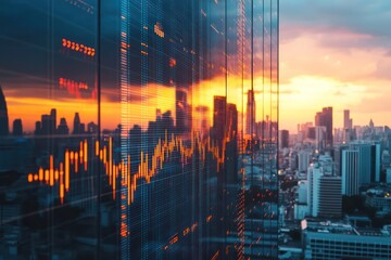 City skyline with stock market graph reflected on building at sunset