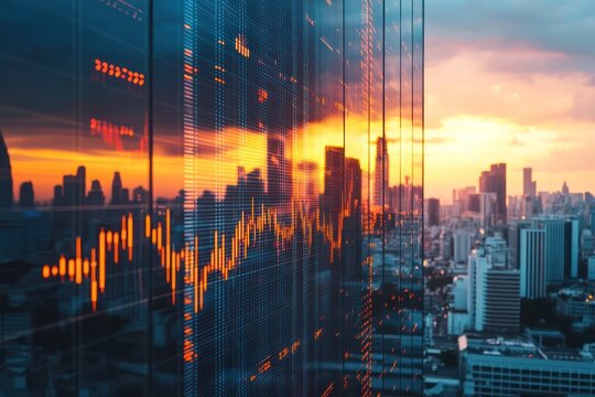City skyline with stock market graph reflected on building at sunset - Powered by Adobe