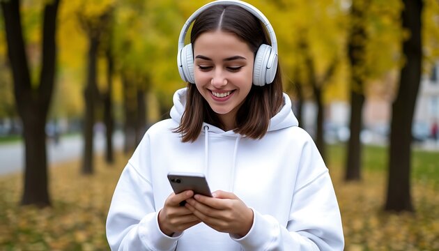 young woman in hoodie wearing headphones using smartphone in sunny park summer leisure concept of digital lifestyle outdoor relaxation