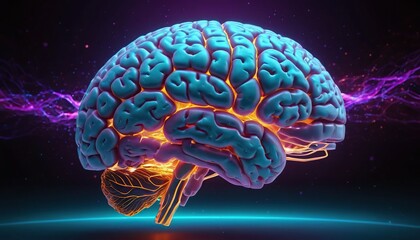 Futuristic image of human brain glowing in cyber space. Concept of intelligence, science and human mind, machine learning AI