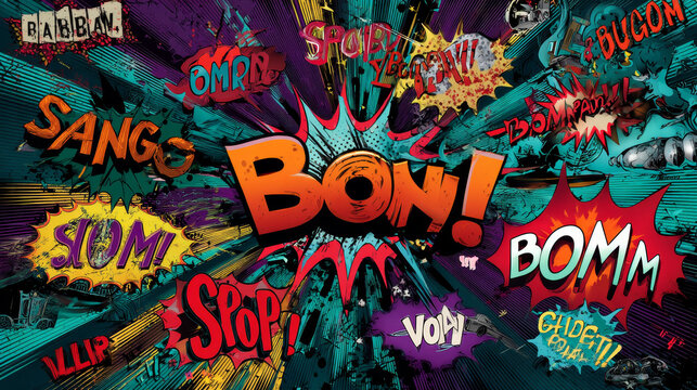 Set collection comic phrases words. cool bang smash boom mmm out zap woof vroom splat ok kapow oh wham boing. Pop art retro vector illustration