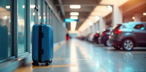Fototapeta premium A large, wheeled suitcase stands upright in a designated parking spot, ready for travel The scene is clean and brightly lit, highlighting the ease of suitcase storage , airport terminal, airline