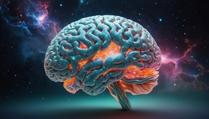 Obraz premium Futuristic image of human brain glowing in cyber space. Concept of intelligence, science and human mind, machine learning AI